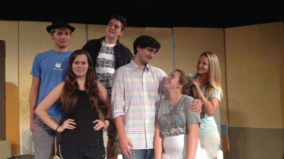 Back row, Taylor Barnes and Sami Sabbagh and, front row, Jordan Bell, Christian Longino, Megan Walters and Juliana Lewis rehearse for Gulfport Little Theater’s production of ‘Bye Bye Birdie.’