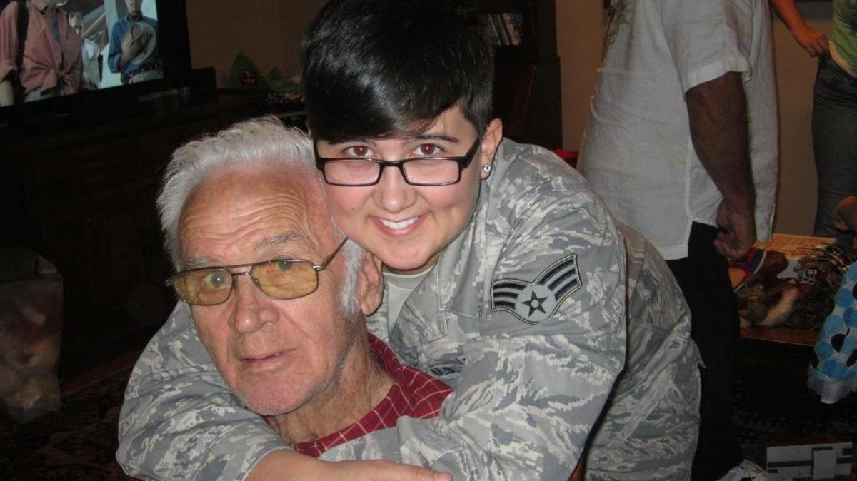 Jenna Lockwood, right, poses with her grandfather for a photo. Lockwood, an Air Force veteran and lesbian, joined the military before “don’t ask, don’t tell” was repealed. Lockwood spoke with Justin Mitchell for the “Out Here In America” podcast.