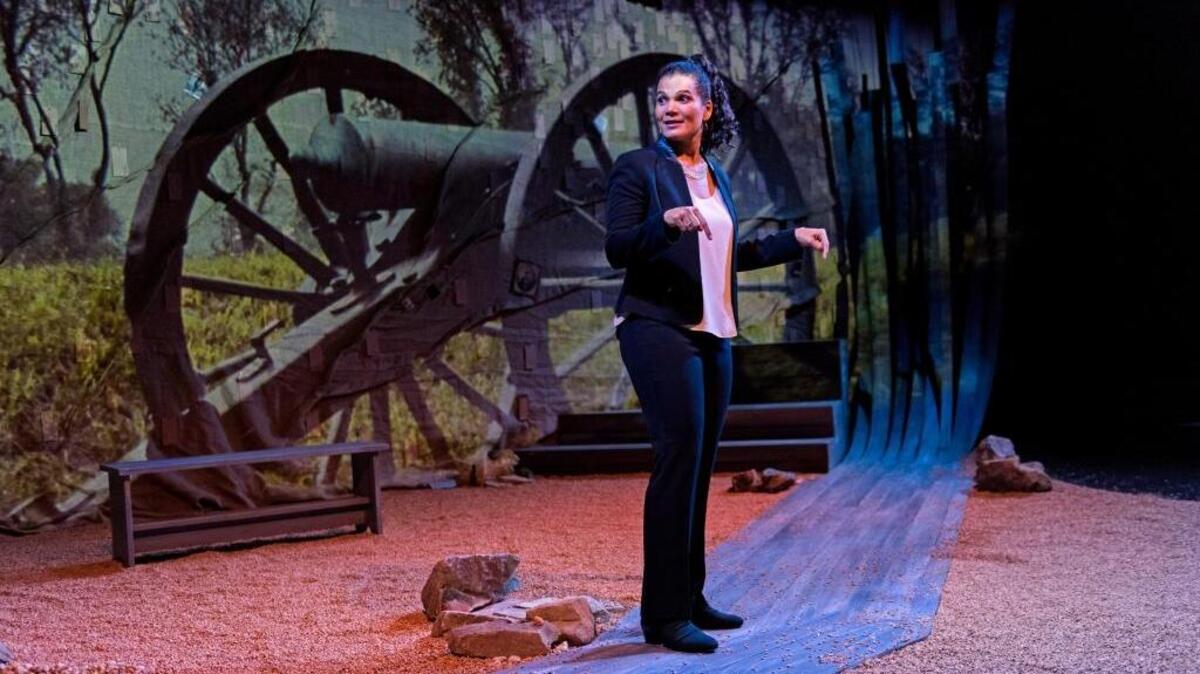 January LaVoy performs during a dress rehearsal of “Native Guard” in Atlanta, Jan. 12, 2018. The Alliance Theater has brought “Native Guard” to an Atlanta history museum in the thick of debate about Confederate monuments and the South’s past.