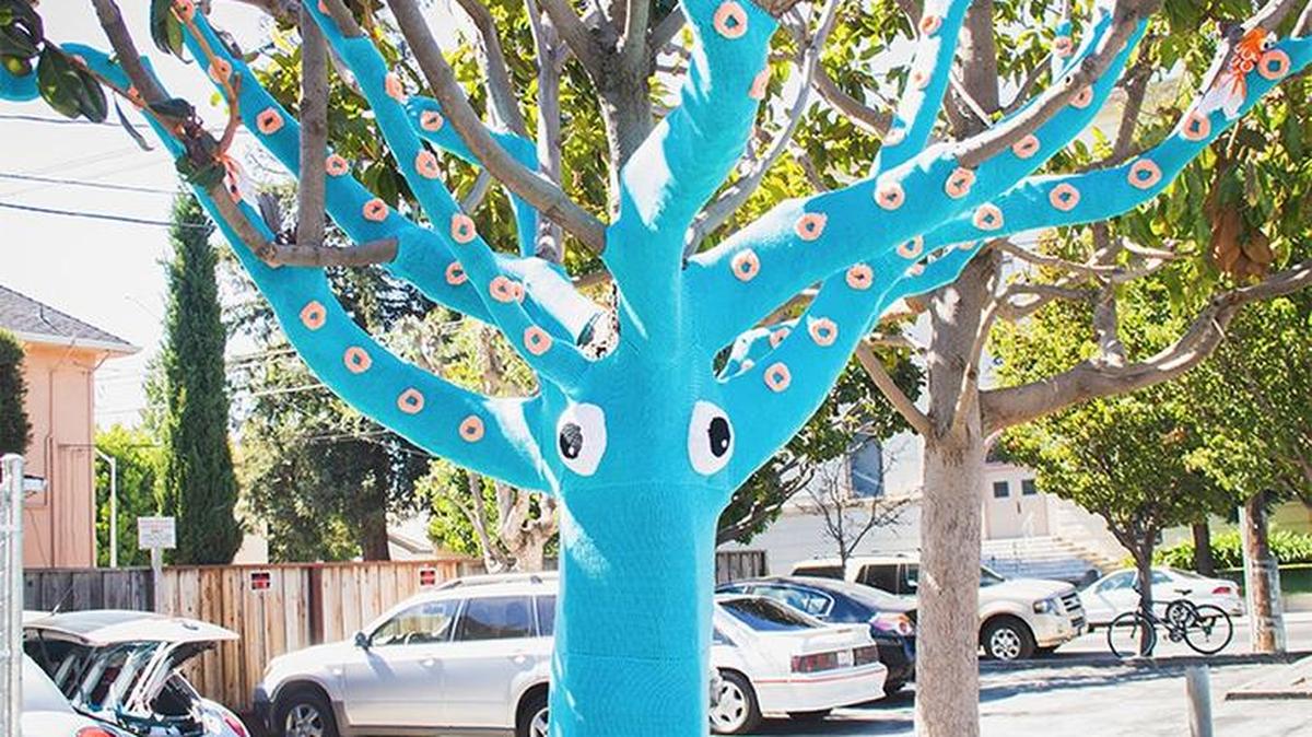 A tree in downtown Pascagoula is ‘yarn bombed’ as part of a past Third Fridays art project.