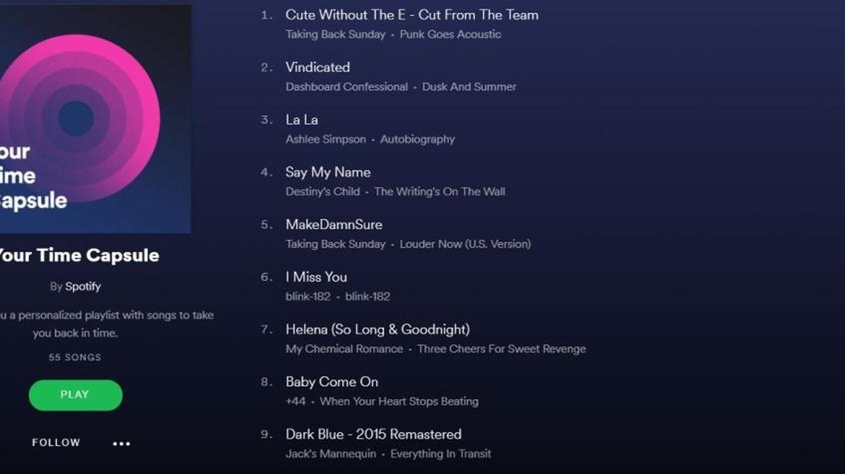 Spotify’s Time Capsule is a customized playlist designed to bring a listener back to their teenage years.