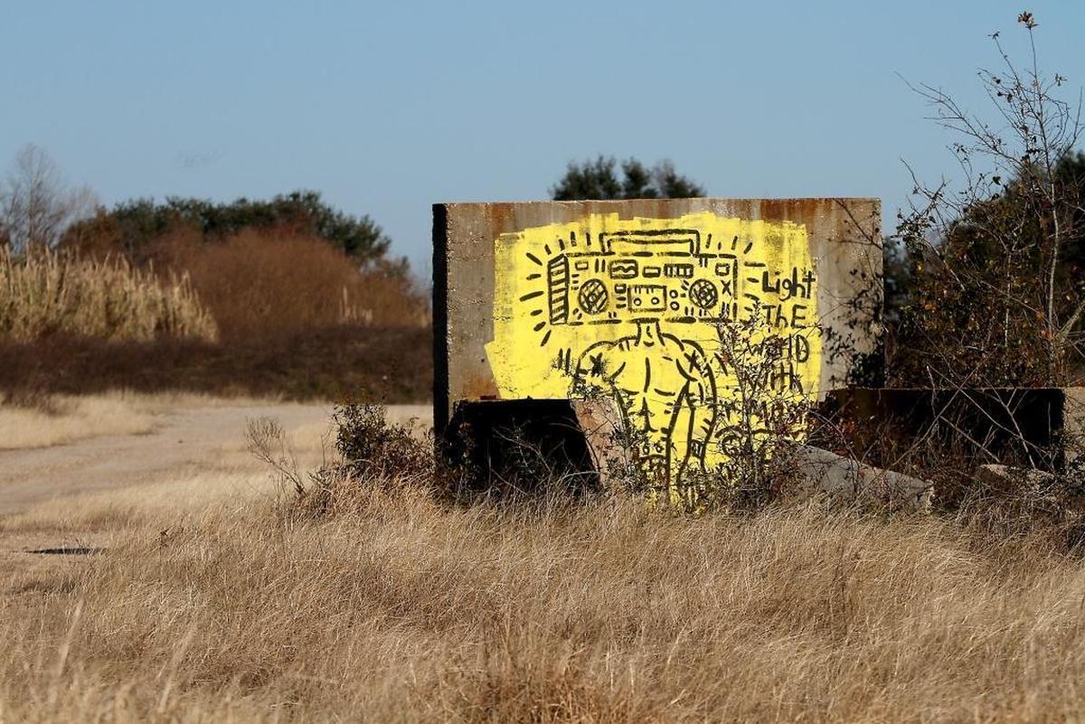 Adam Cook believes in beautifying the world around him. He painted these murals on partial walls that remain from a building to add color and vibrancy to the deserted field.