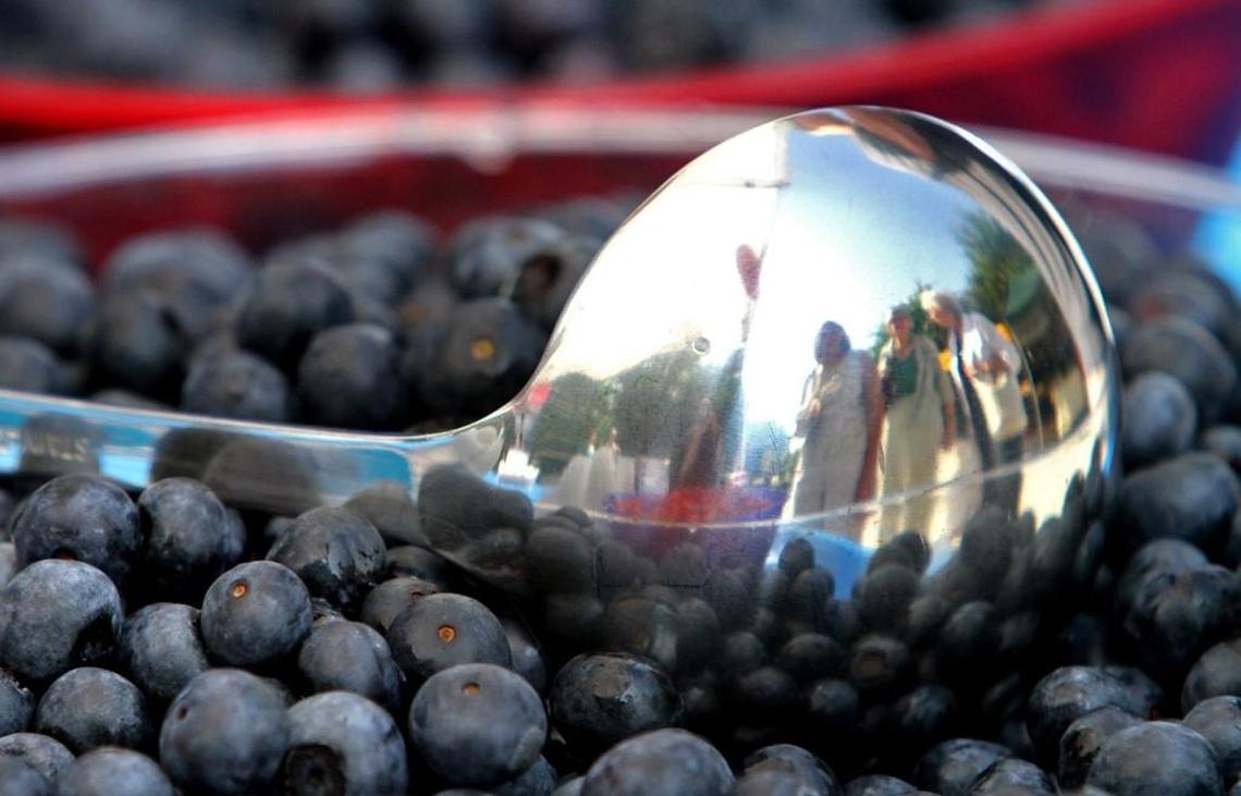 The reflection of those waiting for some free ice cream with blueberries is reflected in a serving ladle during the “Red, White, and Blueberry” festival in downtown Ocean Springs.