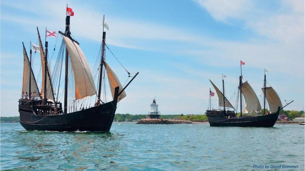 The Nina and the Pinta sail at a previous exhibit in Portland, Maine.
