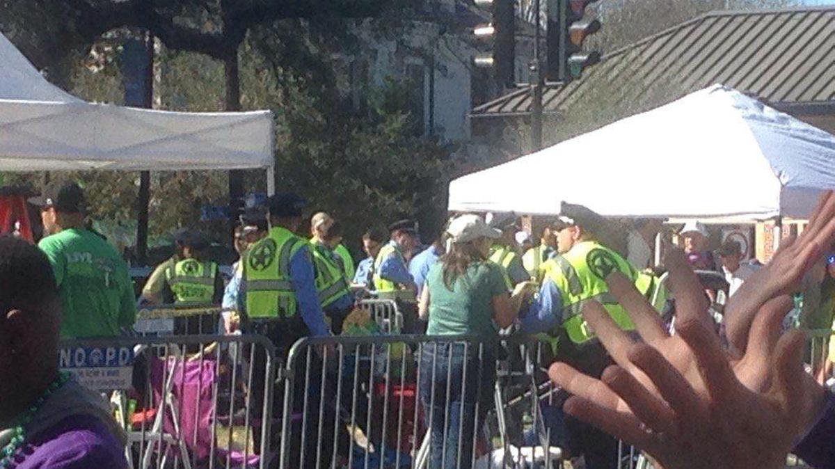 A man was shot in his side after a bullet went through a portalet wall at the Uptown parade in New Orleans on Saturday, Feb. 25, 2017.