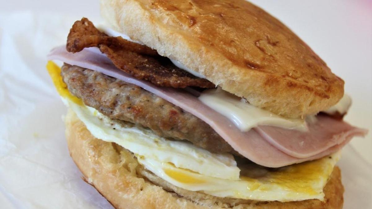 This loaded biscuit from Fantasy Doughnut is a complete breakfast.