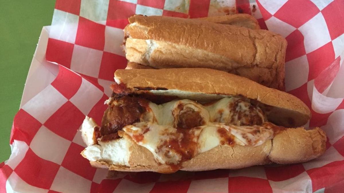 The Danny DeVito, an Italian meatball sub, sits in a basket at Half-Baked Subs in Long Beach.