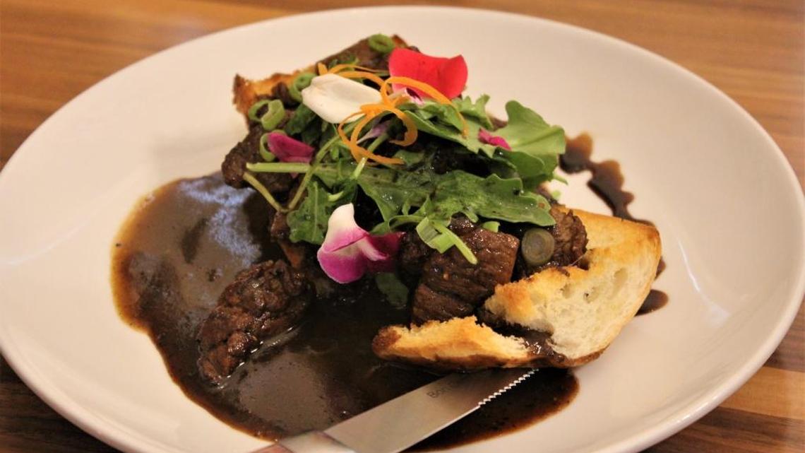 Beef tips in a spicy Creole beer sauce is exceptionally good at Cora’s Restaurant in the White House Hotel in Biloxi.