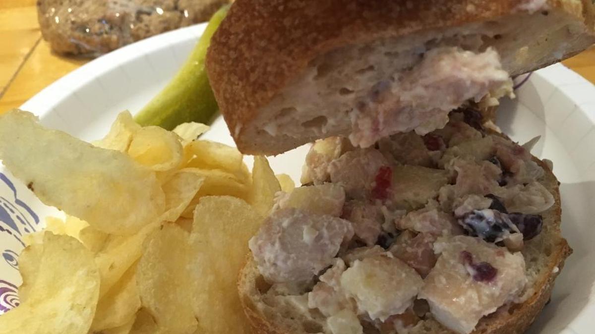 Chicken salad on garlic rosemary sourdough bread is a sandwich option at Serious Bread in Bay St. Louis. Bread selection is based on what is already cut and available behind the counter.