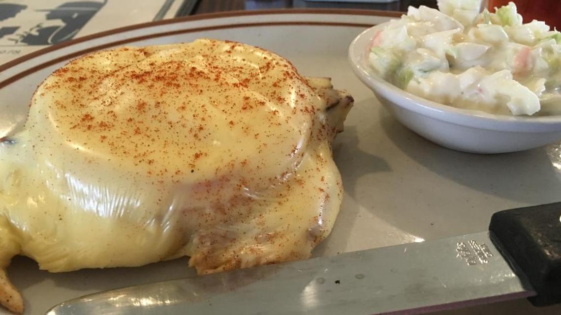 The Chicken Melt sandwich at Bernie’s in Biloxi comes with one of several sides. Here, it’s served with coleslaw.