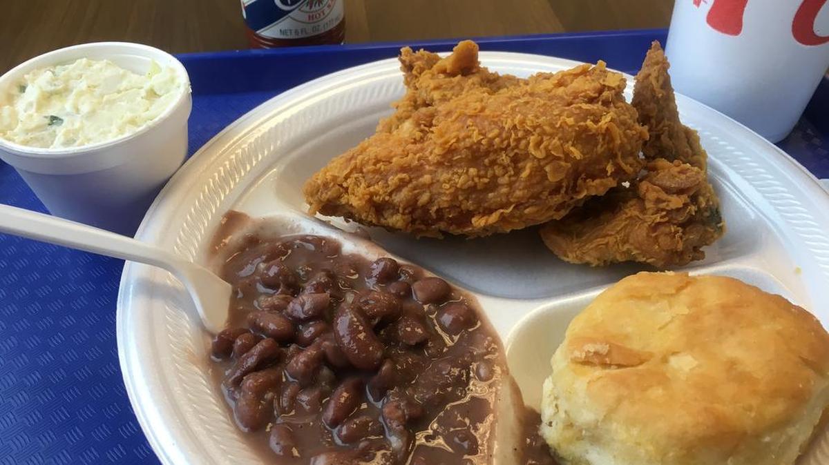 Red beans and rice and potato salad are the two chosen sides with this two-piece dinner at Doc’s Fried Chicken in Long Beach. The biscuit comes with the dinner.
