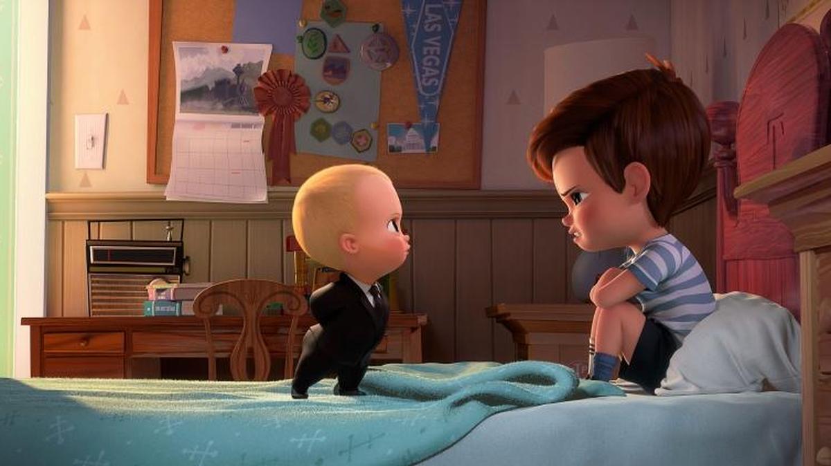 Tim, voiced by Miles Bakshi, right, and Boss Baby, voiced by Alec Baldwin, in ‘The Boss Baby.’