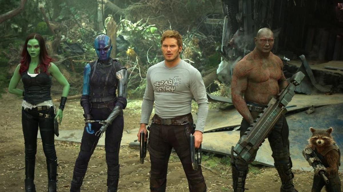 Zoe Saldana, left, Karen Gillan, Chris Pratt, Dave Bautista and Rocket, voiced by Bradley Cooper, in ‘Guardians Of The Galaxy Vol. 2.’