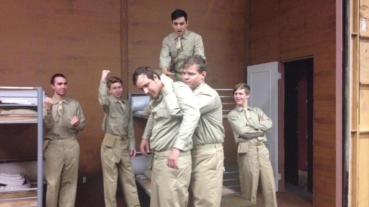 Rehearsing a scene from Biloxi Center Stage’s production of Neil Simon’s ‘Biloxi Blues’ are Christopher Shutz, Joe Stinson, Brecken Neumann, Sean Harding, Drew Garner and Peyton Glydewell.