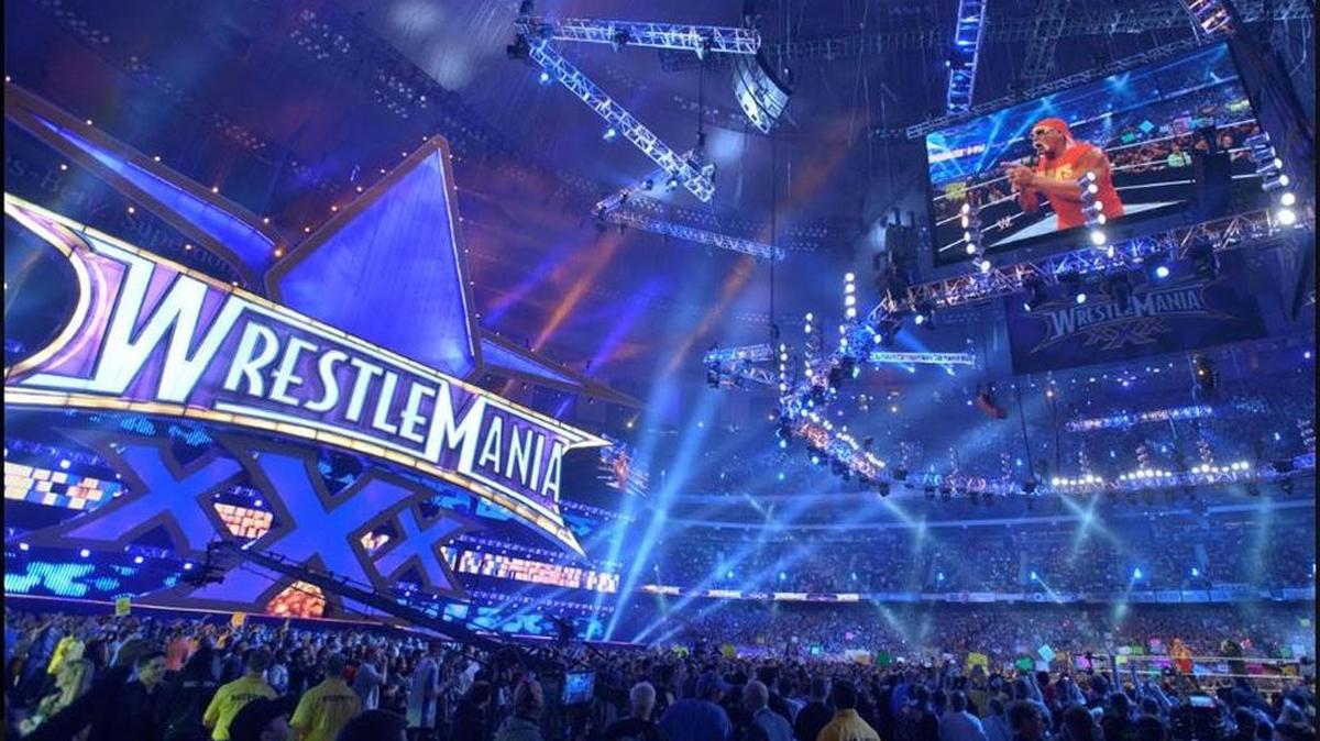 Worldwide Wrestling Entertainment's Hulk Hogan opens WWE Wrestlemania XXX in the Mercedes-Benz Superdome in New Orleans, Louisiana, on April 6, 2014.
