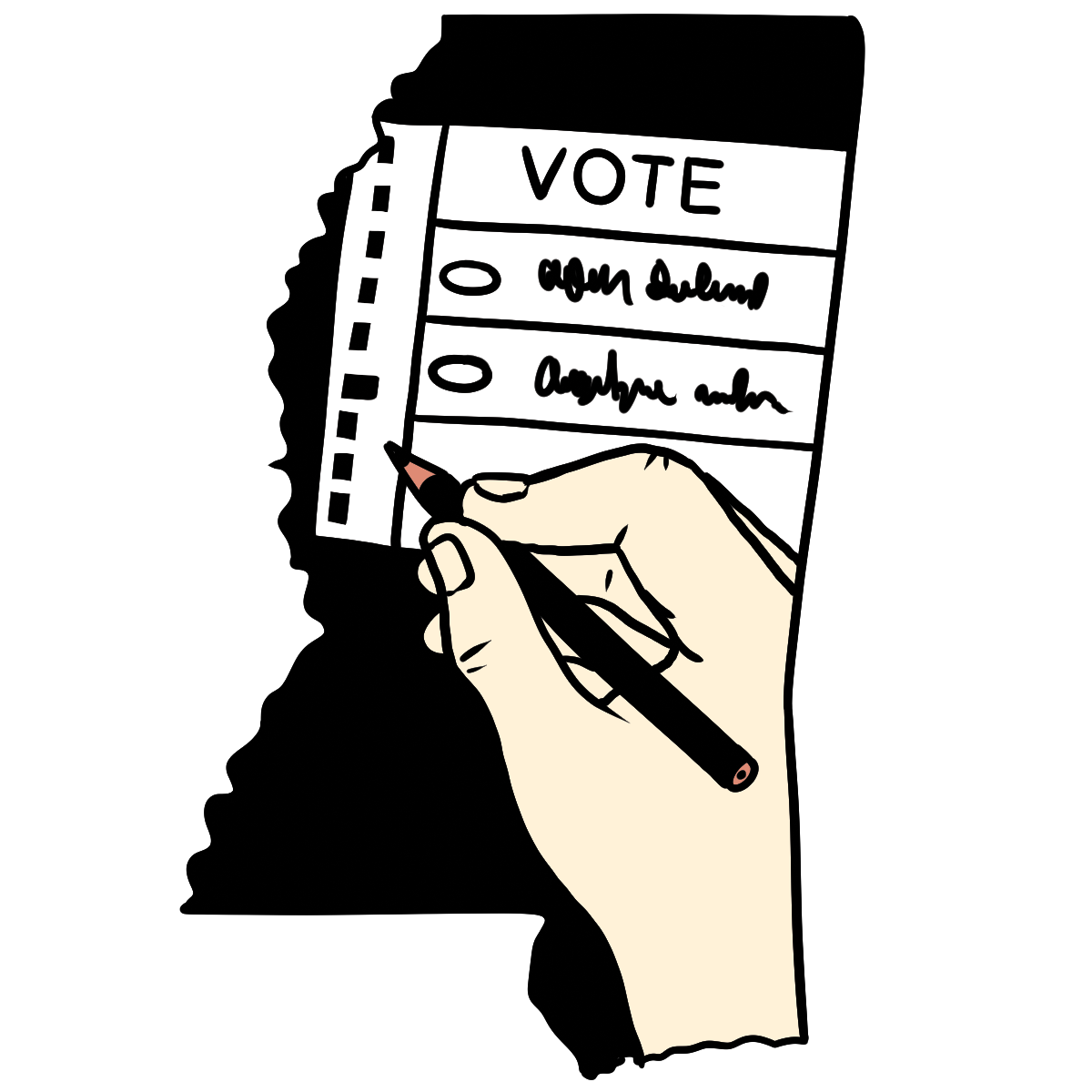 A close-up illustration of a person filling out a voting ballot. 