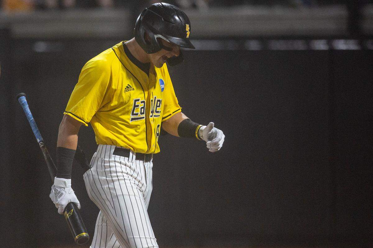 Southern Miss’ Nick Monistere reacts after striking out during the NCAA Super Regional at Pete Taylor Park in Hattiesburg on Monday, June 12, 2023.