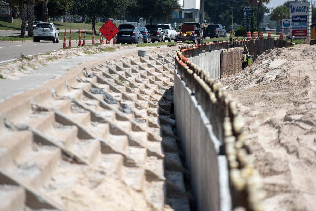 Partially completed construction on a new boardwalk and seawall being built on top of the old seawall on Highway 90 in Pass Christian on Wednesday, Aug. 21, 2024.