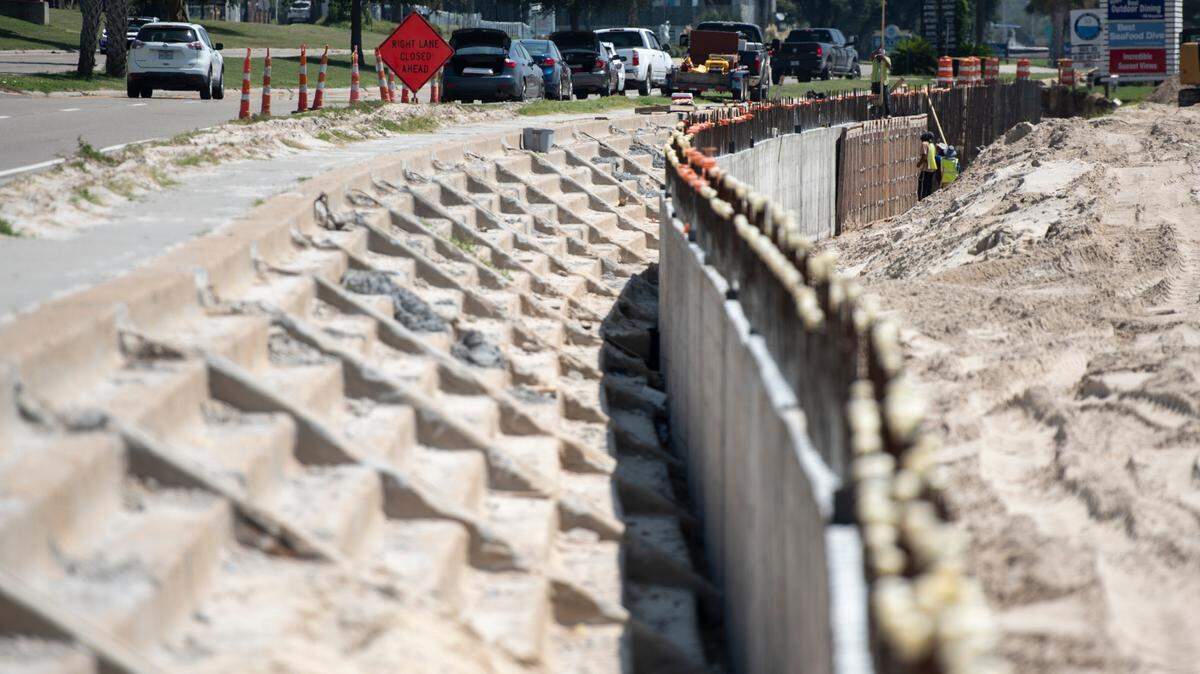 Partially completed construction on a new boardwalk and seawall being built on top of the old seawall on Highway 90 in Pass Christian on Wednesday, Aug. 21, 2024.