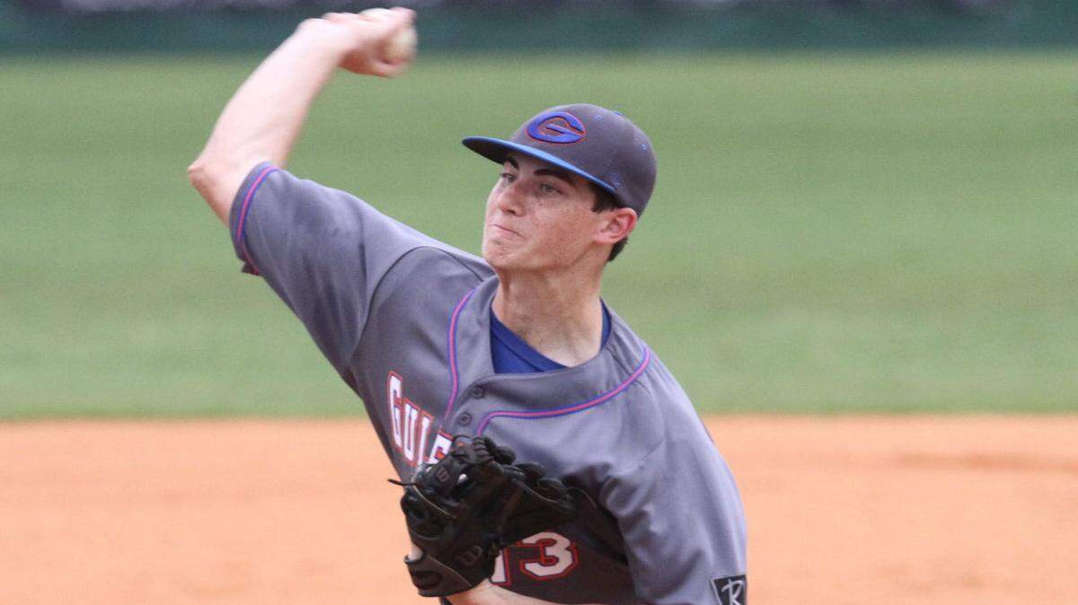 JOHN FITZHUGH/SUN HERALD 
 Gulfport pitcher Alex Nelms only allowed one hit in his start against Biloxi on April 16. Nelms threw a one-hitter against George County on Tuesday.