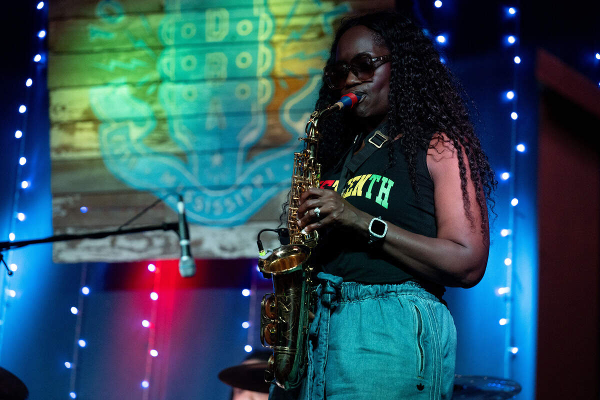 Teressa Shonta plays the saxophone during a Juneteenth celebration at 100 Men Hall in Bay St. Louis on Friday, June 19, 2026.