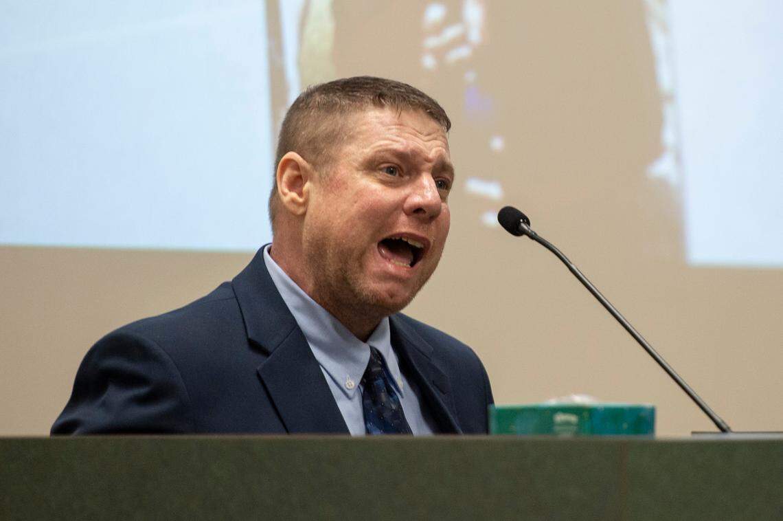 Jacob Blair Scott, who is accused of sexually assaulting a minor, cries out while being cross-examined by Assistant District Attorney Justin Lovorn during his trial in Jackson County Circuit Court in Pascagoula on Wednesday, June 1, 2022.