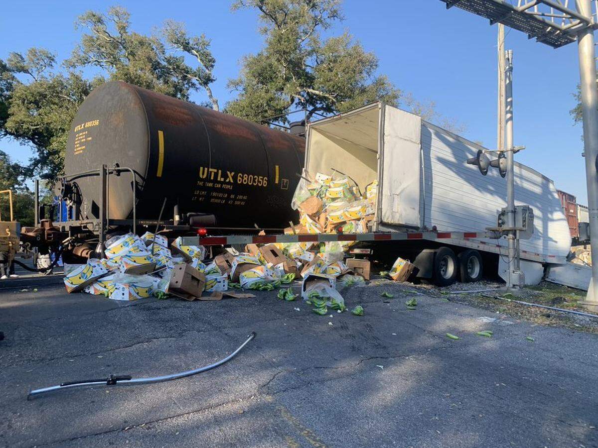 A train hit an unoccupied 18-wheeler on February 20, 2024 at 33rd Avenue in Gulfport. Roads were blocked from 31st Avenue to Camp Avenue.