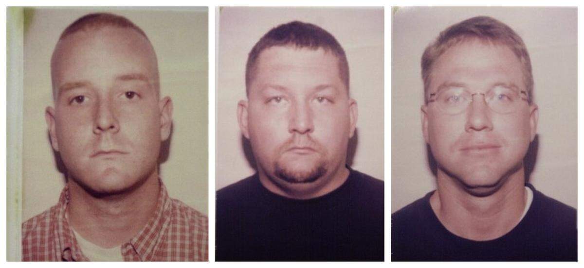 Moss Point police officers accused in the 2001 death of Marcus Malone are, from left, Derrick Welton, Chris Weeks and Stephen Strickler.