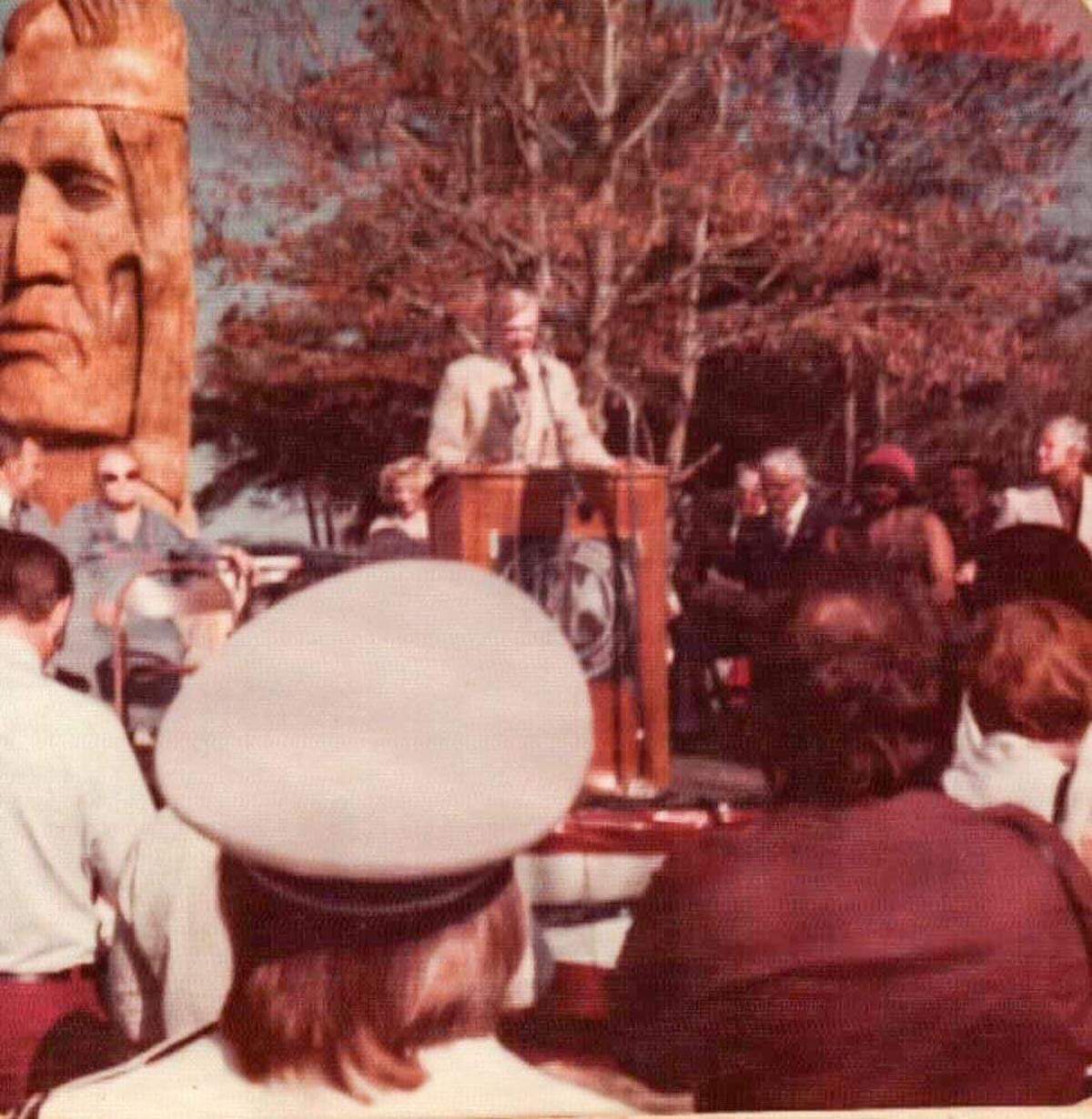 Mississippi Governor Cliff Finch spoke to Ocean Springs Residents in 1977 during the dedication ceremony for Crooked Feather.