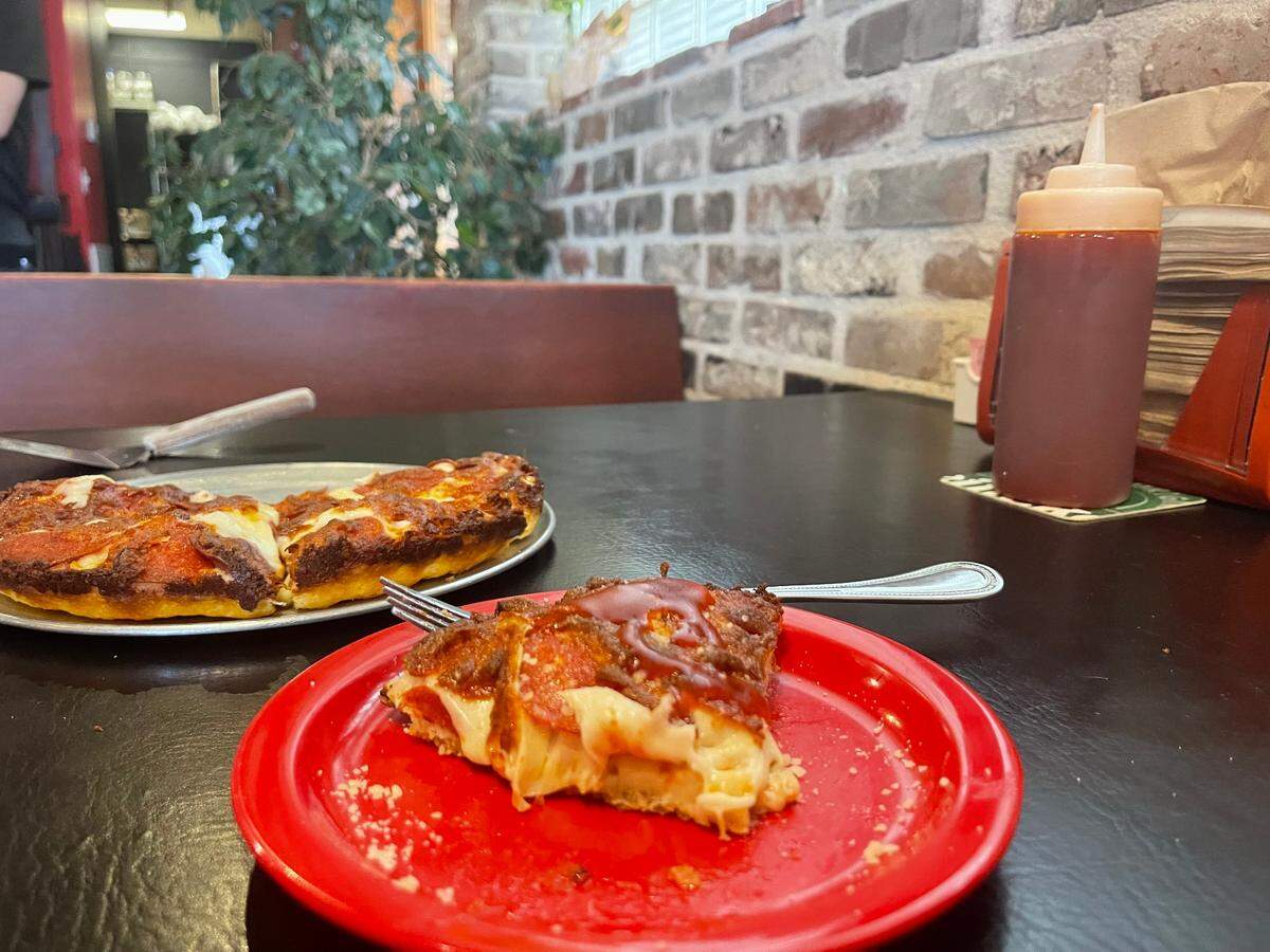 Sarducci’s pan pizza with French dressing in downtown Gulfport