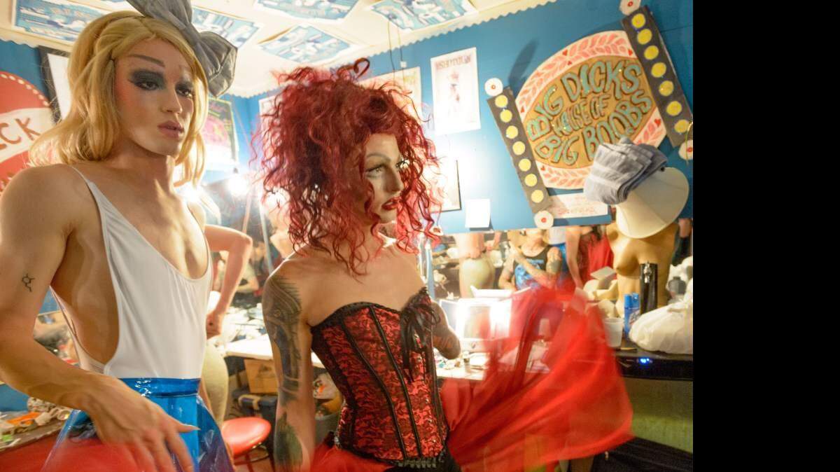 MATTHEW HINTON/THE ADVOCATE
Cory Greenwaldt and Dane Baxter check out their appearance in dressing room mirrors before Vinsantos' New Orleans Drag Workshop Cycle 4 Draguation Ceremony at AllWays Lounge in New Orleans on May 10, 2016.