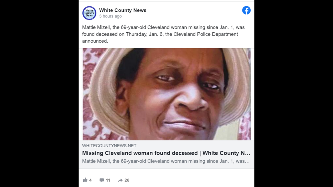 The body of missing Georgia woman Mattie Mizell, 69, was found in a wooded area on Jan. 6, according to Cleveland police. Mizell was reported missing Jan. 1.