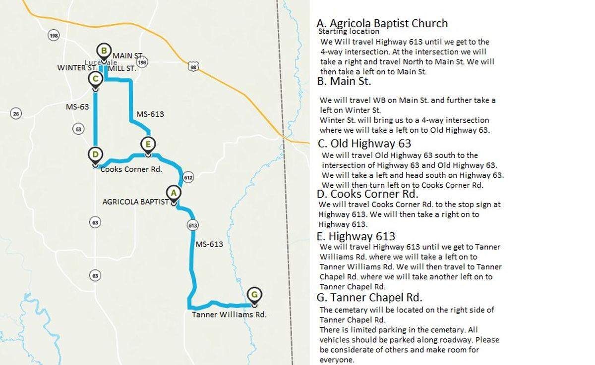 A map shows the route a procession accompanying fallen George County Sheriff’s Officer Jeremy Malone will take following his funeral.