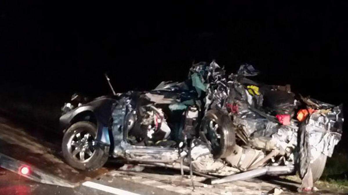 KORI JONES 
 
 One of the vehicles involved in a four-vehicle crash on Interstate 10 in Hancock County on Monday night. Three people have died as a result of the wreck.