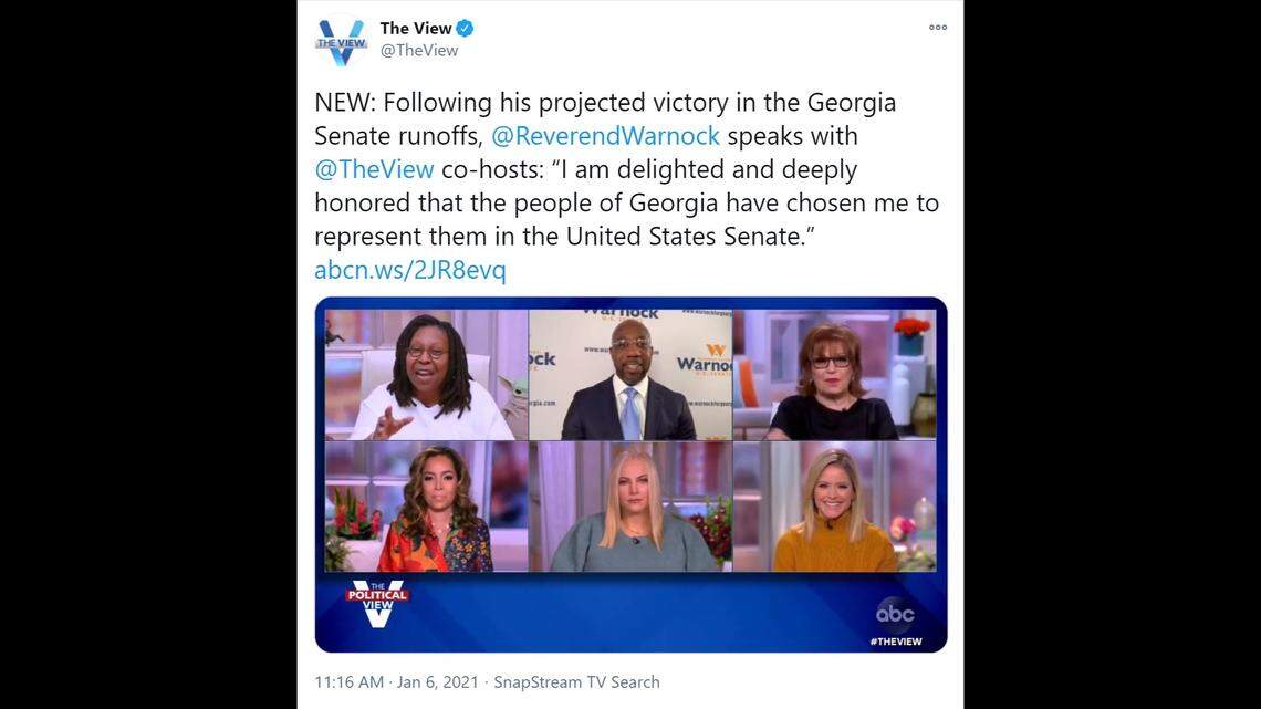 “The View” co-host Whoopi Goldberg (top left) stepped in during a tense exchange between Meghan McCain (bottom center) and Senator-elect Raphael Warnock, cutting the interview short.