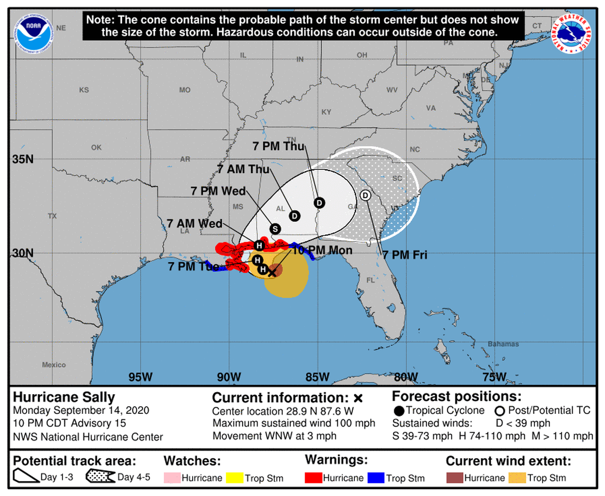 Hurricane Sally track at 10 p.m. Monday, Sept 14, 2020.