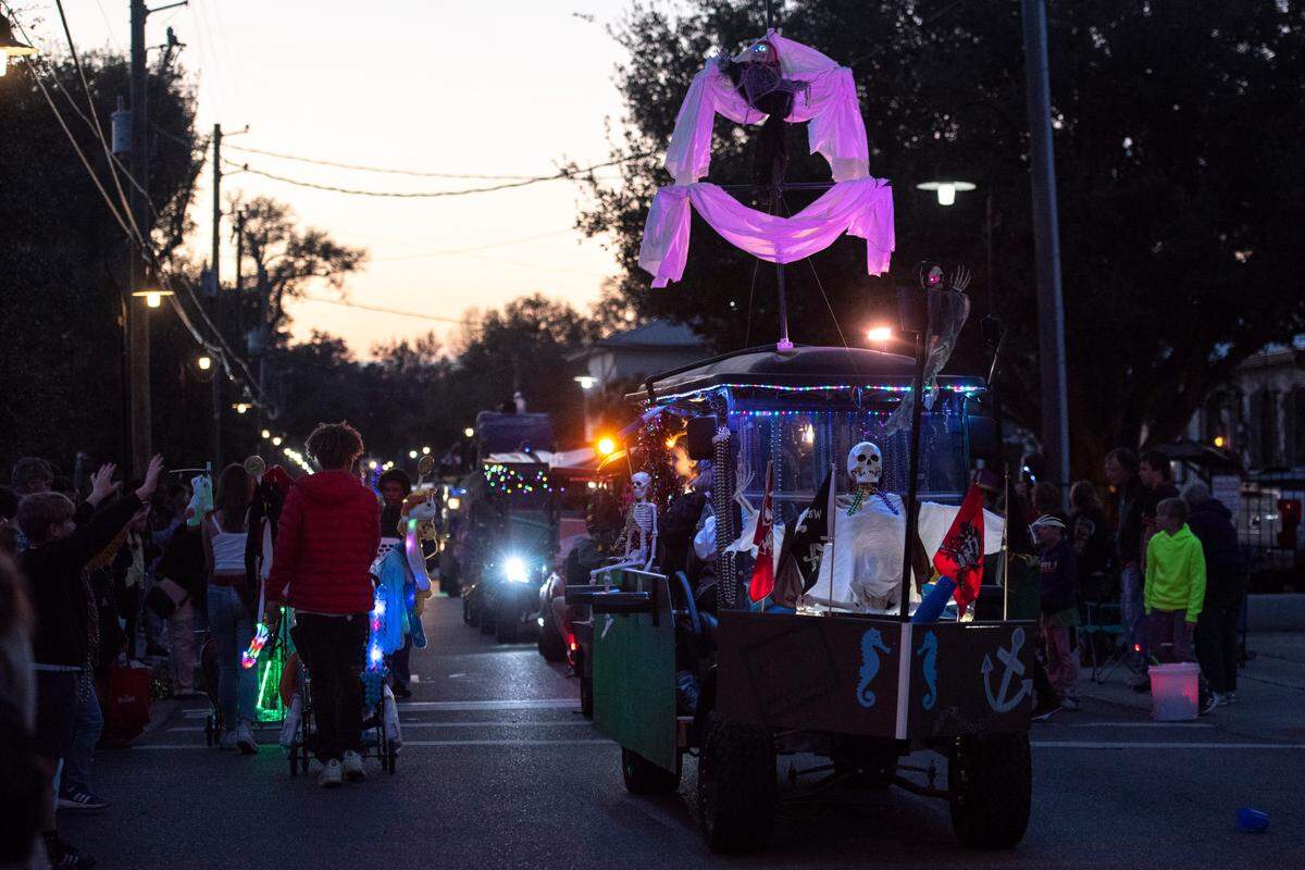 Mystic Krewe of the Seahorse’s Lundi Gras parade makes its way down Main Street in Bay St. Louis on Monday, March 3, 2025.