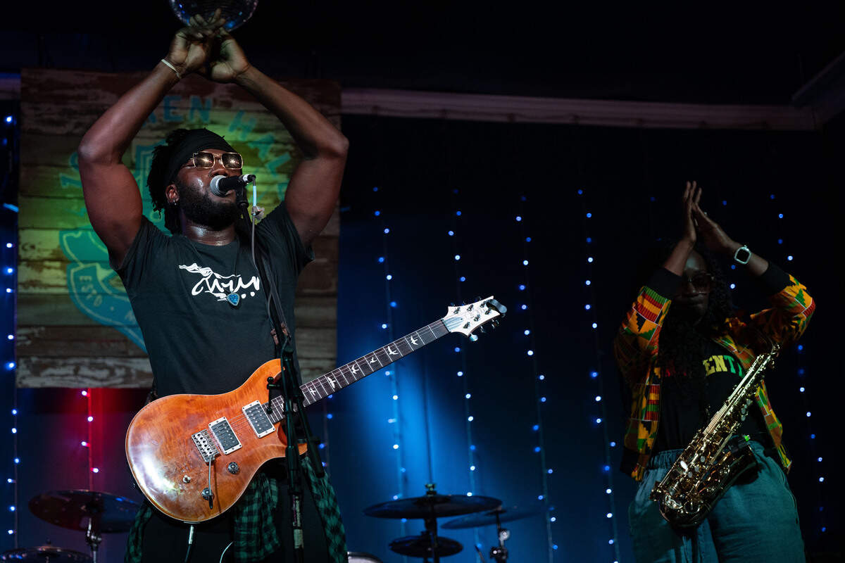 Twurt Chamberlain, left, and Teressa Shonta, right, perform  during a Juneteenth celebration at 100 Men Hall in Bay St. Louis on Friday, June 19, 2026.
