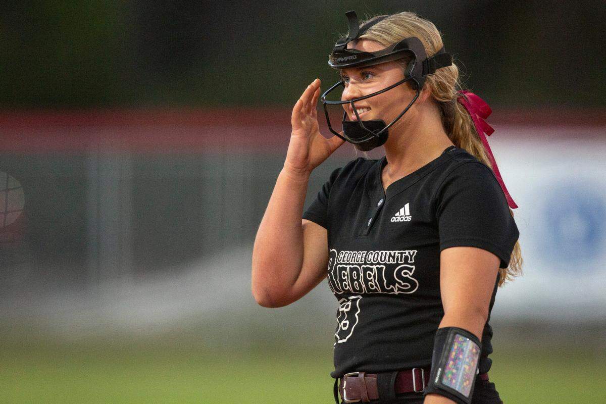 George County’s Peyton Collins reacts after a pitch during a softball game between George County and Hancock at Hancock High in Kiln on Tuesday, March 18, 2025.