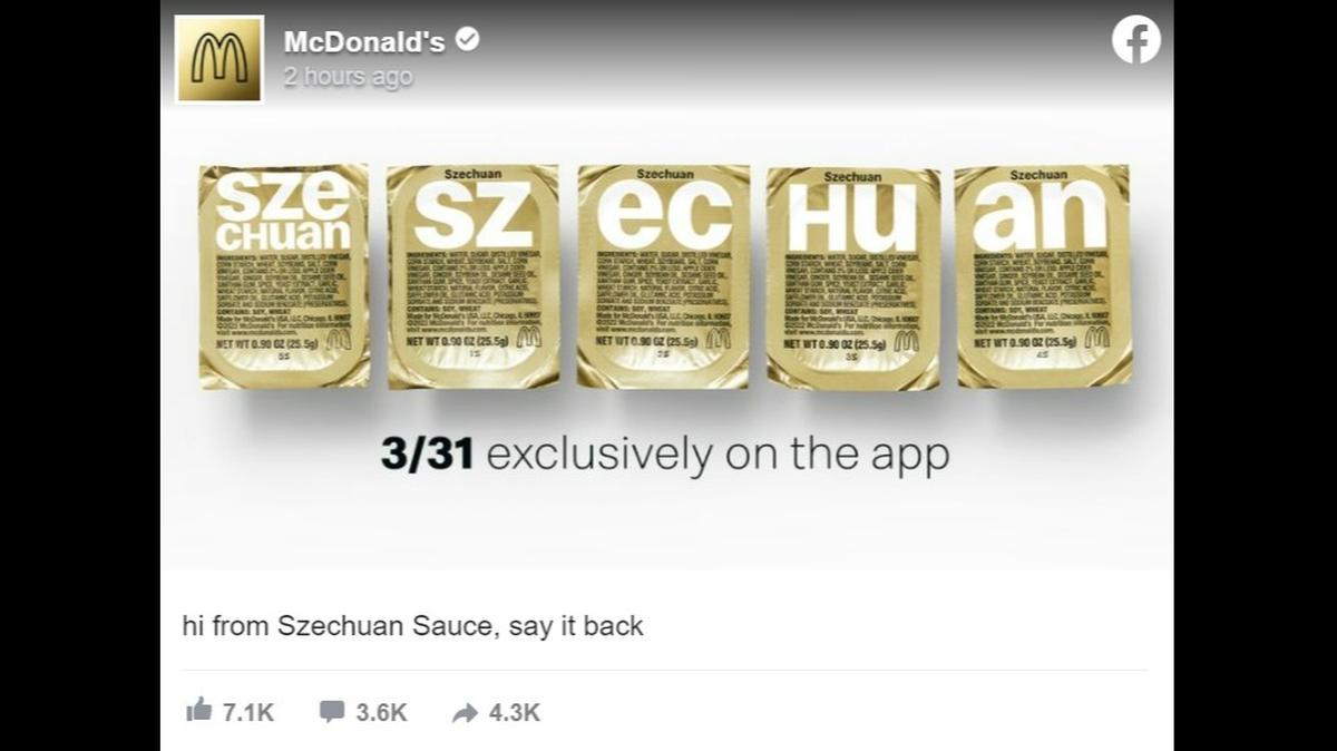 McDonald’s is bringing back the fan favorite Szechuan sauce, exclusively on the mobile app for a limited time starting March 31.