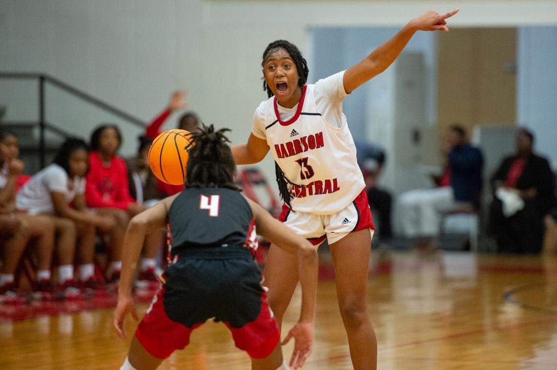 Harrison Central’s Jayla Carriere calls to her teammates during a game against Biloxi at Harrison Central High School in Harrison County on Tuesday, Dec. 12, 2023.