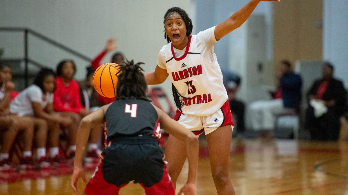 Harrison Central’s Jayla Carriere calls to her teammates during a game against Biloxi at Harrison Central High School in Harrison County on Tuesday, Dec. 12, 2023.