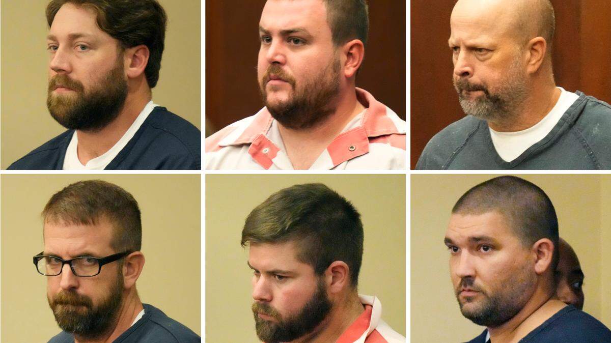 This combination of photos shows, from top left, former Rankin County sheriff’s deputies Hunter Elward, Christian Dedmon, Brett McAlpin, Jeffrey Middleton, Daniel Opdyke and former Richland police officer Joshua Hartfield appearing at the Rankin County Circuit Court in Brandon last year.