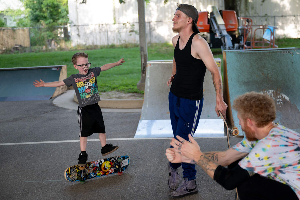 Kyler Jobes, left, balances on his skateboard at the Biloxi DIY Skatepark.