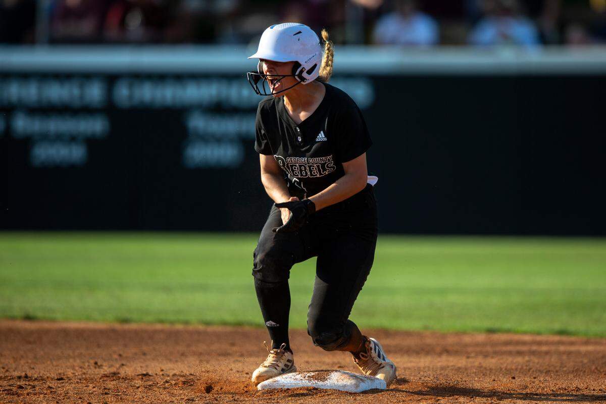 George County Lady Rebels’ Sidnee Beech celebrates after a play during the 5A 2023 MHSAA Softball Championship game at USM Softball Complex in Hattiesburg on Thursday, May 18, 2023.