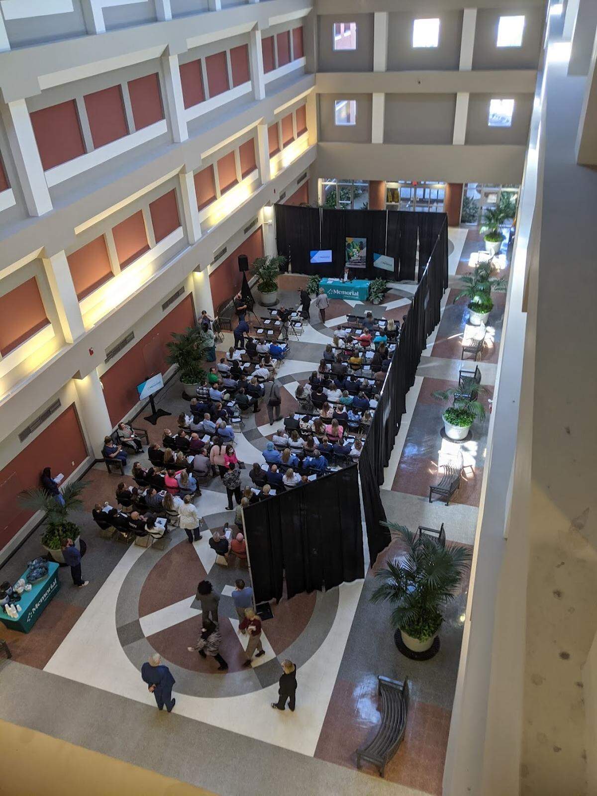 Memorial CEO Kent Nicaud addresses media and hospital staff on Wednesday.