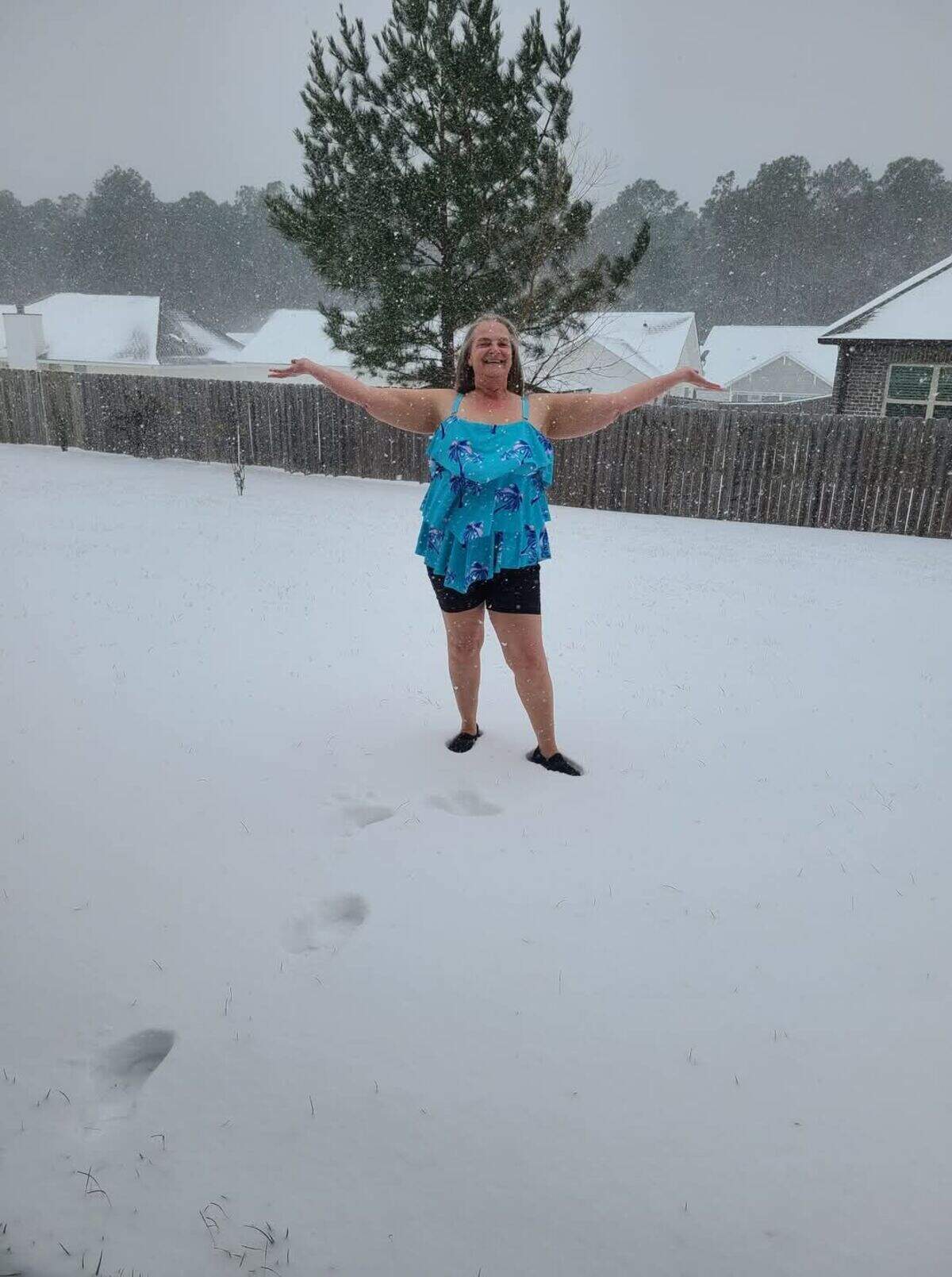 Vickie S Mizell Scott shared this photo of herself wearing a swimsuit in the snow in Lyman. “Ready to go snow swimming! Been here most of my life and have never seen it like this, “ she said. “Enjoying as much as I can. Yep, I’m crazy enough to go out in my swimsuit.”