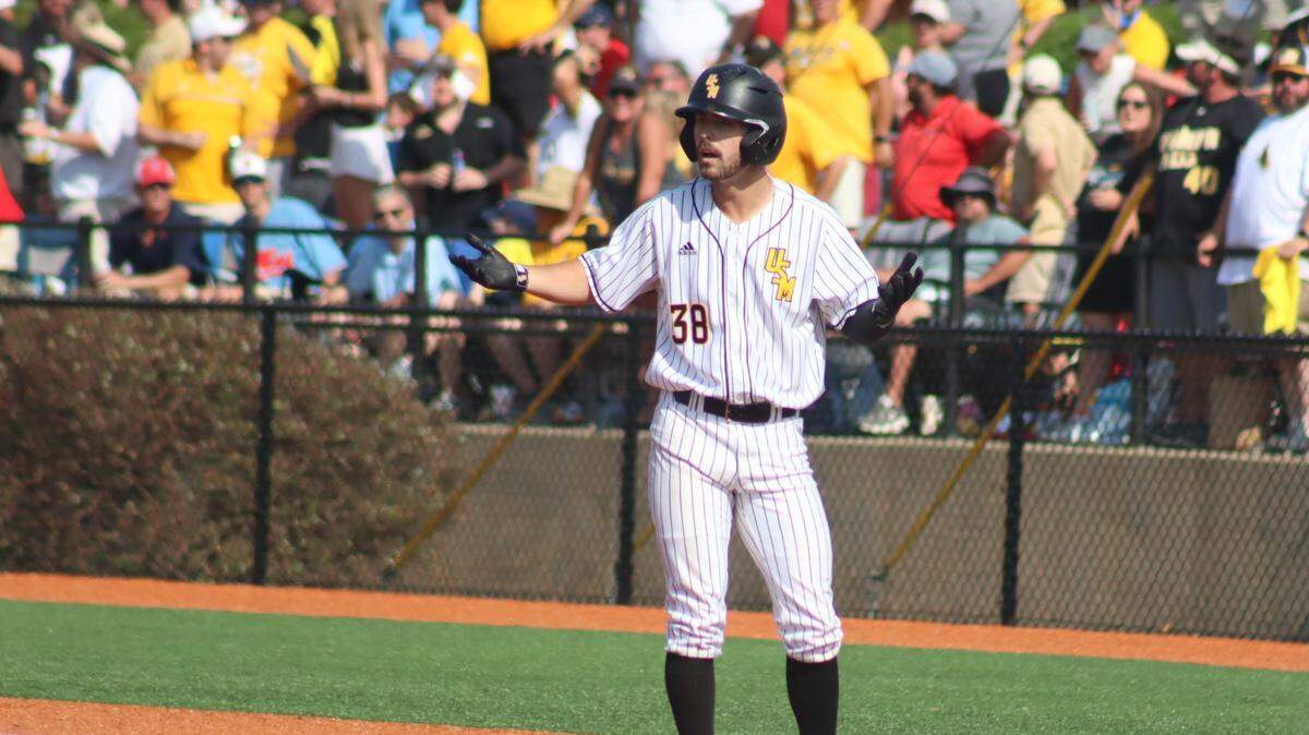 Reece Ewing reacts as officials determine his potential grand slam was a foul ball in the first Super Regional game against Ole Miss.