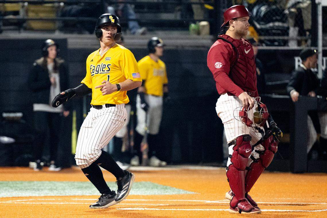 Southern Miss outfielder Joey Urban (1) scores a run against Alabama at Pete Taylor Park on Tuesday, February. 24, 2026. Southern Mississippi won, 14-4.