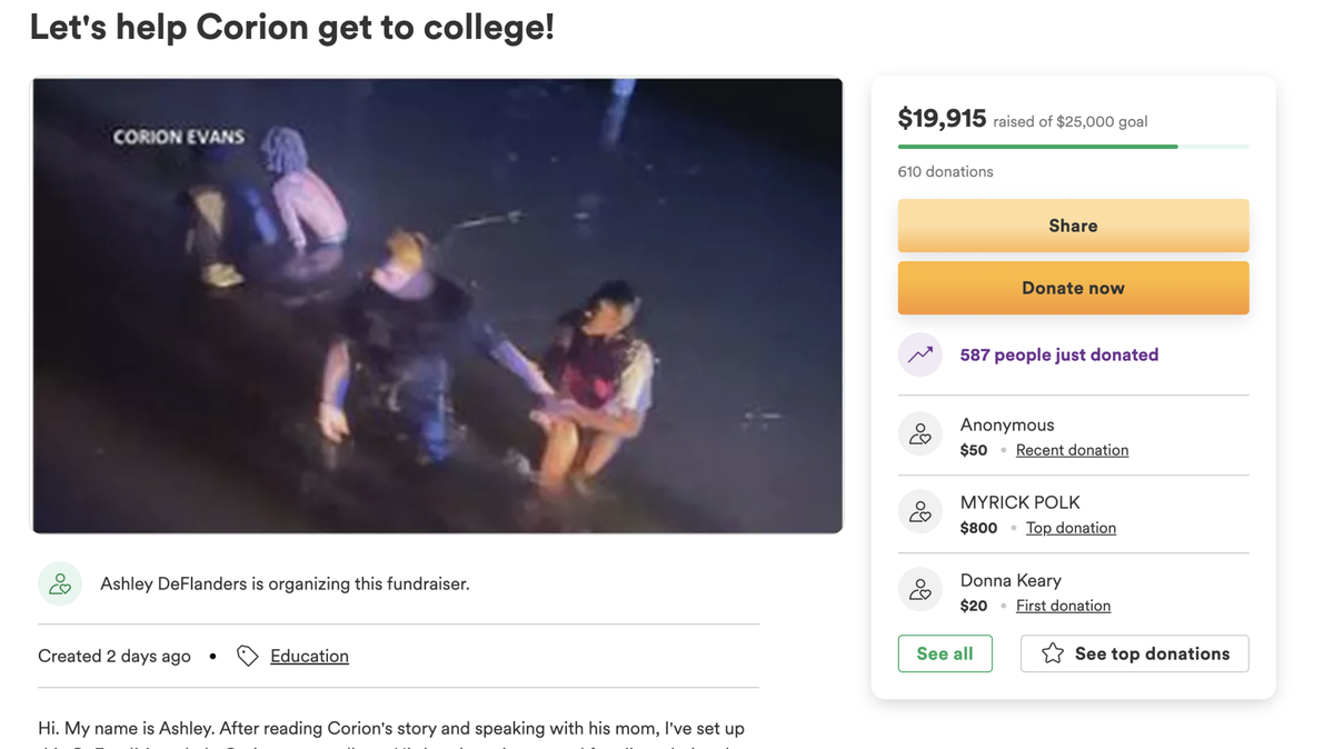 A GoFundMe page started to raise money for Corion Evans’ college education.
